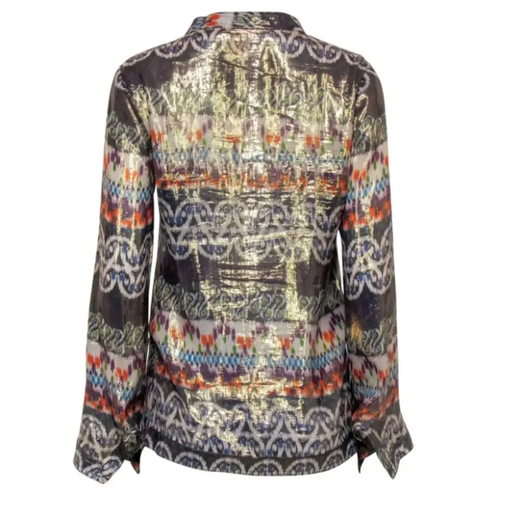 TORY BURCH purple orange green aztec print metallic silk long sleeve top blouse